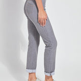 color=Uptown Grey, Side view of Uptown Grey, 4-way stretch, relaxed boyfriend denim jean legging, seen from waist down