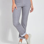 color=Uptown Grey, Front view of uptown grey, 4-way stretch, relaxed boyfriend denim jean legging, seen from waist down