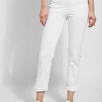 color=White, Front view of white , 4-way stretch, relaxed boyfriend denim jean legging, seen from waist down