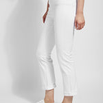 color=White, Side view of white, 4-way stretch, relaxed boyfriend denim jean legging, seen from waist down