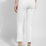 color=White, Rear view of white, 4-way stretch, relaxed boyfriend denim jean legging, seen from waist down