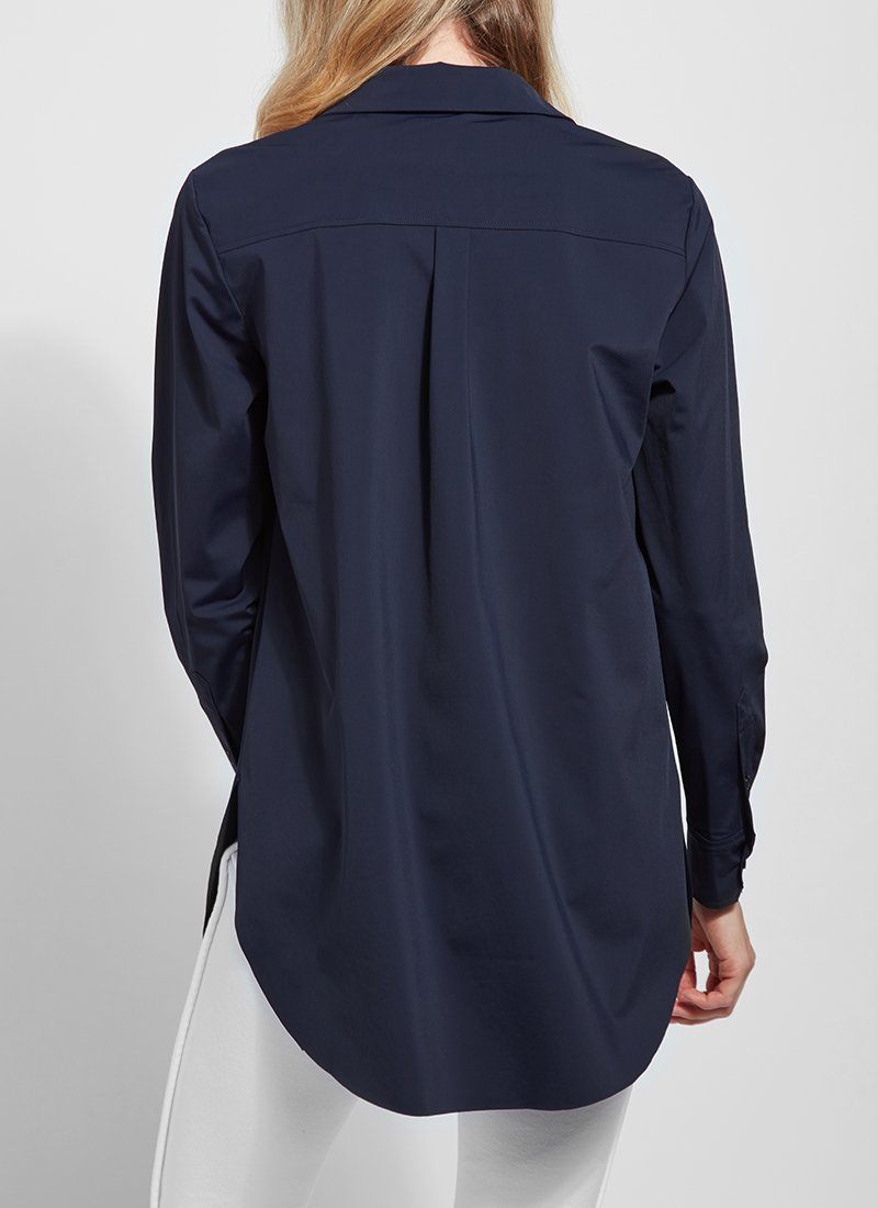 color=True Navy, back,best selling women's button up shirt in soft resilient microfiber, white denim jean leggings