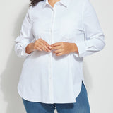 color=White, front view of plus-size best selling women's button up shirt in soft resilient microfiber, with blue denim jean leggings