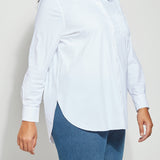 color=White, plus-size, best selling women's button up shirt in soft resilient microfiber, blue denim leggings