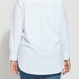 color=White, back, best selling women's button up shirt in soft resilient microfiber, plus size, blue denim leggings