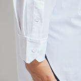 color=White, hem and sleeve detail, best selling women's button up shirt in soft resilient microfiber