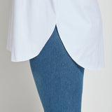 color=White, hem detail, best selling women's button up shirt in soft resilient microfiber, blue denim jean leggings