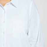 color=White, front neckline detail, best selling women's button up shirt in soft resilient microfiber