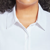 color=White, front neckline detail, best selling women's button up shirt in soft resilient microfiber