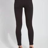 color=Black, Rear view of black toothpick denim jean leggings with patented concealed waistband, seen from waist down