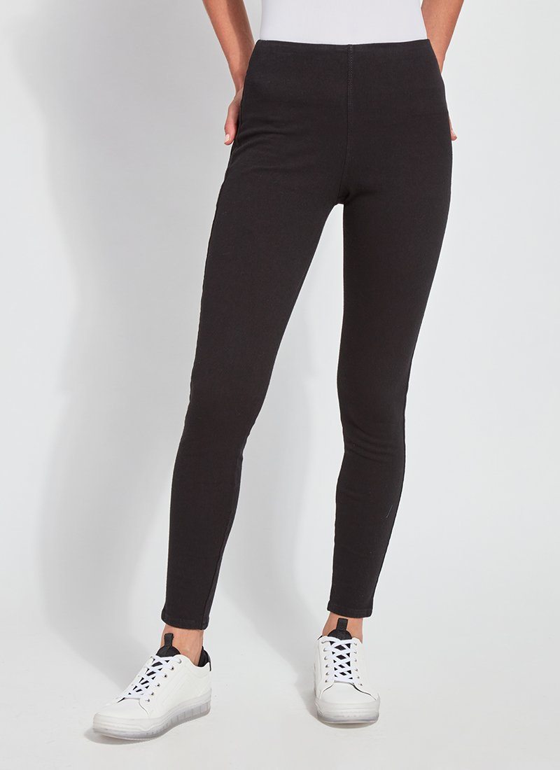 color=Black, Front view of black toothpick denim jean leggings with patented concealed waistband, seen from waist down