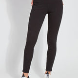 color=Black, Front view of black toothpick denim jean leggings with patented concealed waistband, seen from waist down