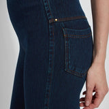 color=Indigo, side detail, versatile denim jean leggings with smoothing and slimming control comfort waistband