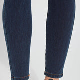 color=Indigo, Front detail view of lower legs, indigo color toothpick denim jean leggings with patented concealed waistband
