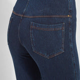 color=Indigo, Rear detail view of indigo toothpick denim jean leggings with patented concealed waistband