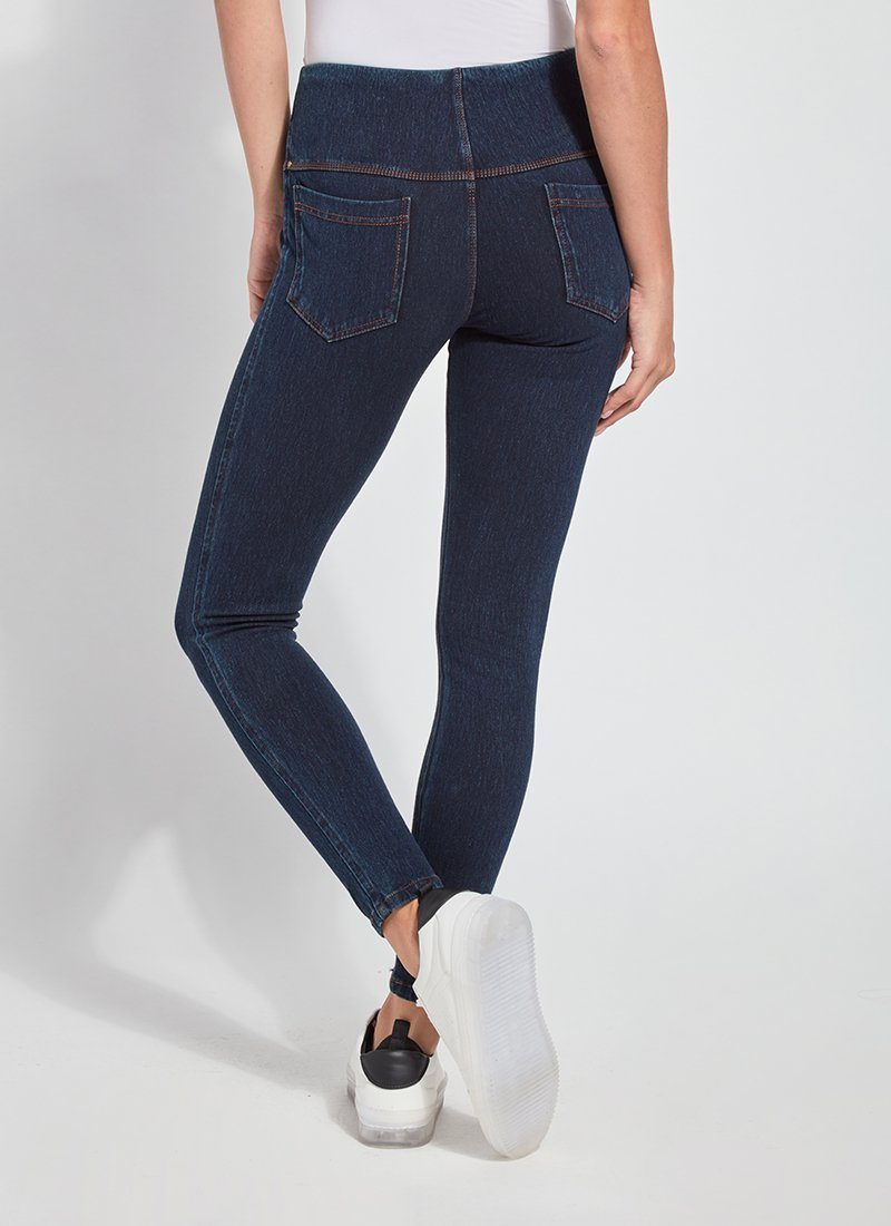 color=Indigo, Rear view of indigo toothpick denim jean leggings with patented concealed waistband, seen from waist down