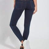 color=Indigo, Rear view of indigo toothpick denim jean leggings with patented concealed waistband, seen from waist down