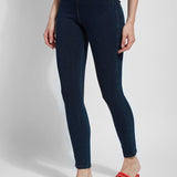 color=Indigo, front angle, versatile denim jean leggings with smoothing and slimming control comfort waistband