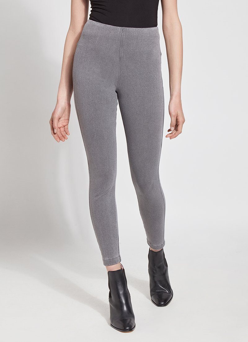 color=Mid Grey, Front view of mid grey, toothpick denim jean leggings with patented concealed waistband, seen from waist down