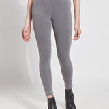 color=Mid Grey, Front view of mid grey, toothpick denim jean leggings with patented concealed waistband, seen from waist down