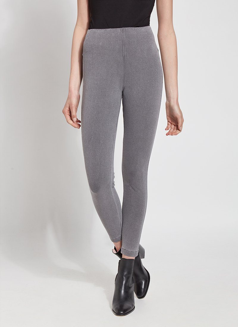 color=Mid Grey, Front view of mid grey toothpick denim jean leggings with patented concealed waistband, seen from waist down