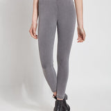 color=Mid Grey, Front view of mid grey toothpick denim jean leggings with patented concealed waistband, seen from waist down