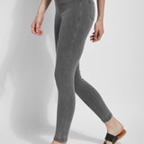 color=Mid Grey, Side view of mid grey toothpick denim jean leggings with patented concealed waistband, seen from waist down