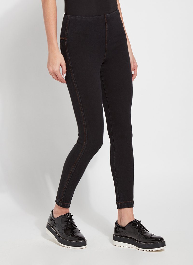 color=Midtown Black, Front angle view of midtown black toothpick denim jean leggings with patented concealed waistband, seen from waist down
