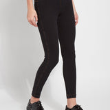 color=Midtown Black, Front angle view of midtown black toothpick denim jean leggings with patented concealed waistband, seen from waist down
