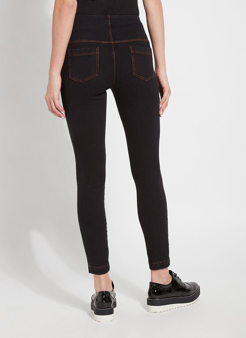 color=Midtown Black, rear view of midtown black toothpick denim jean leggings with patented concealed waistband, seen from waist down