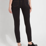 color=Midtown Black, rear view of midtown black toothpick denim jean leggings with patented concealed waistband, seen from waist down