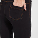 color=Midtown Black, Rear detail view of midtown black, toothpick denim jean leggings with patented concealed waistband