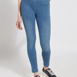 color=Mid Wash, Front view of mid wash blue, toothpick denim jean leggings with patented concealed waistband, seen from waist down