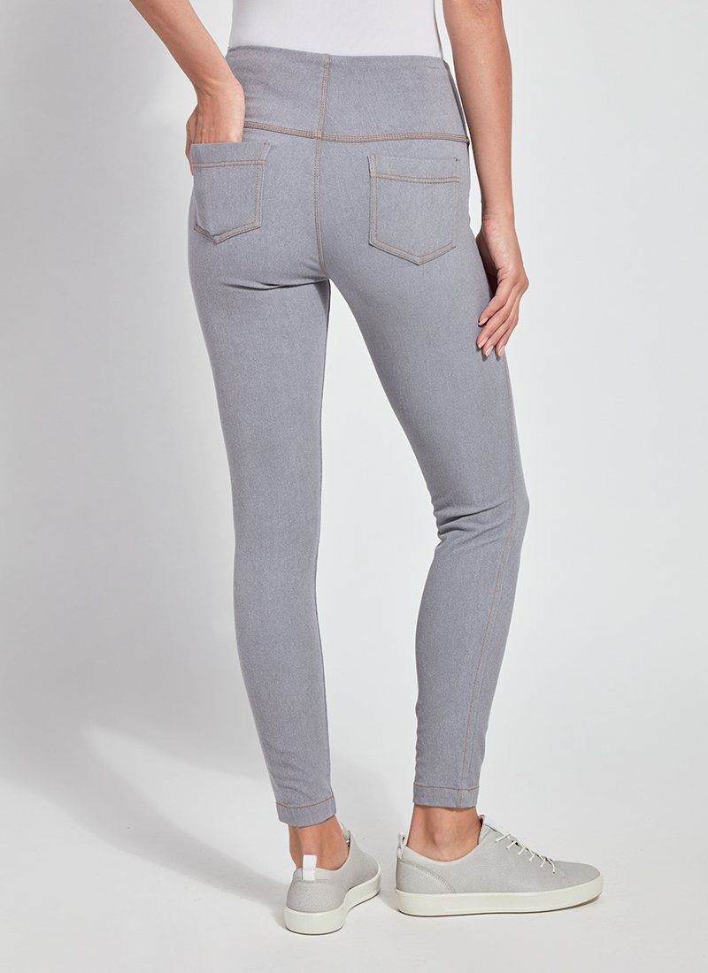 color=Uptown Grey, Rear view of uptown gray toothpick denim jean leggings with patented concealed waistband, seen from waist down