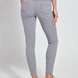 color=Uptown Grey, Rear view of uptown gray toothpick denim jean leggings with patented concealed waistband, seen from waist down