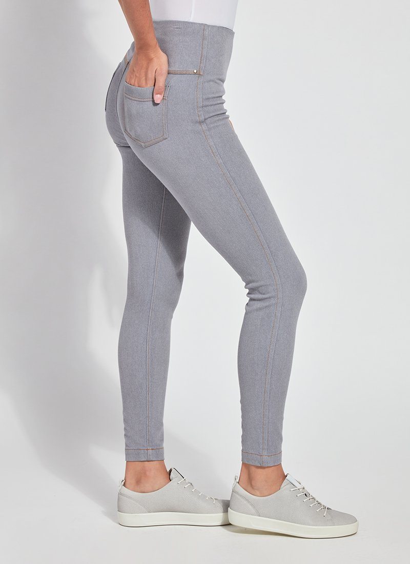 color=Uptown Grey, Side view of uptown gray toothpick denim jean leggings with patented concealed waistband, seen from waist down