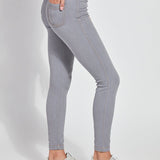 color=Uptown Grey, Side view of uptown gray toothpick denim jean leggings with patented concealed waistband, seen from waist down