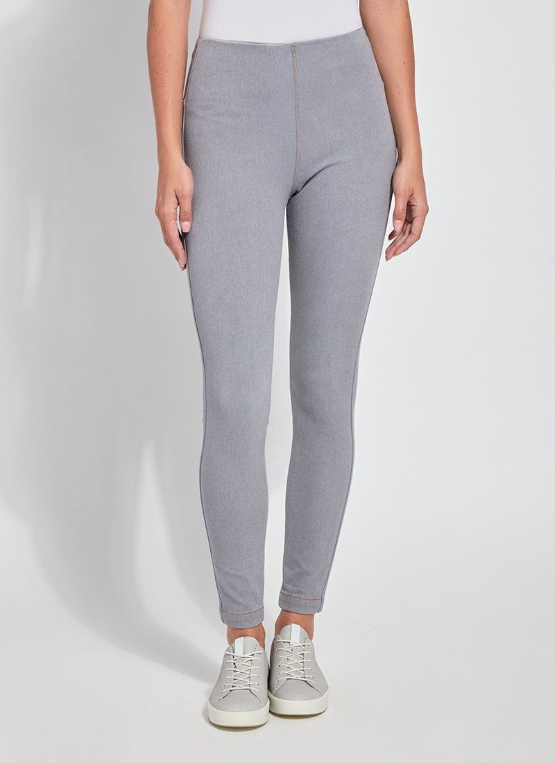 color=Uptown Grey, Front view of uptown gray toothpick denim jean leggings with patented concealed waistband, seen from waist down