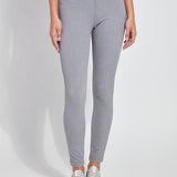 color=Uptown Grey, Front view of uptown gray toothpick denim jean leggings with patented concealed waistband, seen from waist down