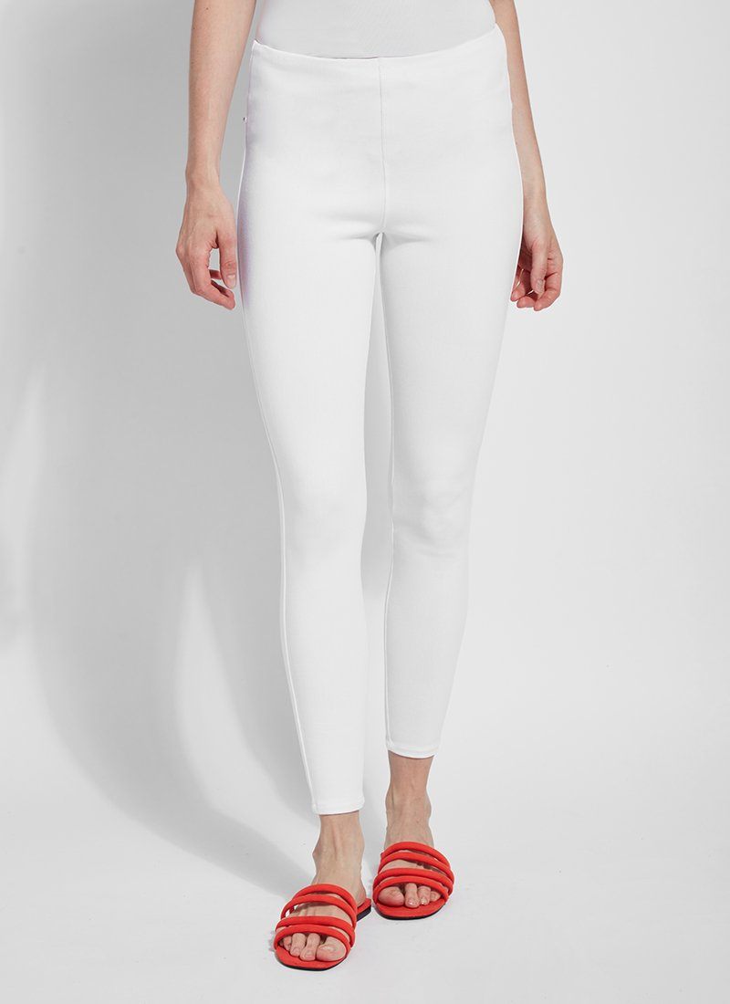 color=White, Front view of white toothpick denim jean leggings with patented concealed waistband, seen from waist down
