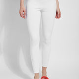color=White, Front view of white toothpick denim jean leggings with patented concealed waistband, seen from waist down