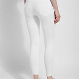 color=White, Rear view of white toothpick denim jean leggings with patented concealed waistband, seen from waist down