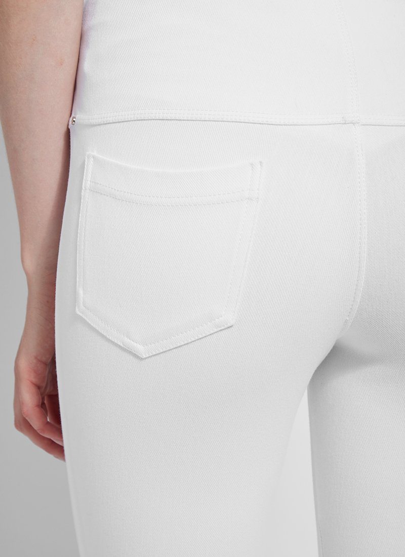 color=White, Detailed rear view of white toothpick denim jean leggings with patented concealed waistband