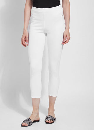 color=White, side view, crop length denim jean leggings with concealed waistband for flattering, slimming fit