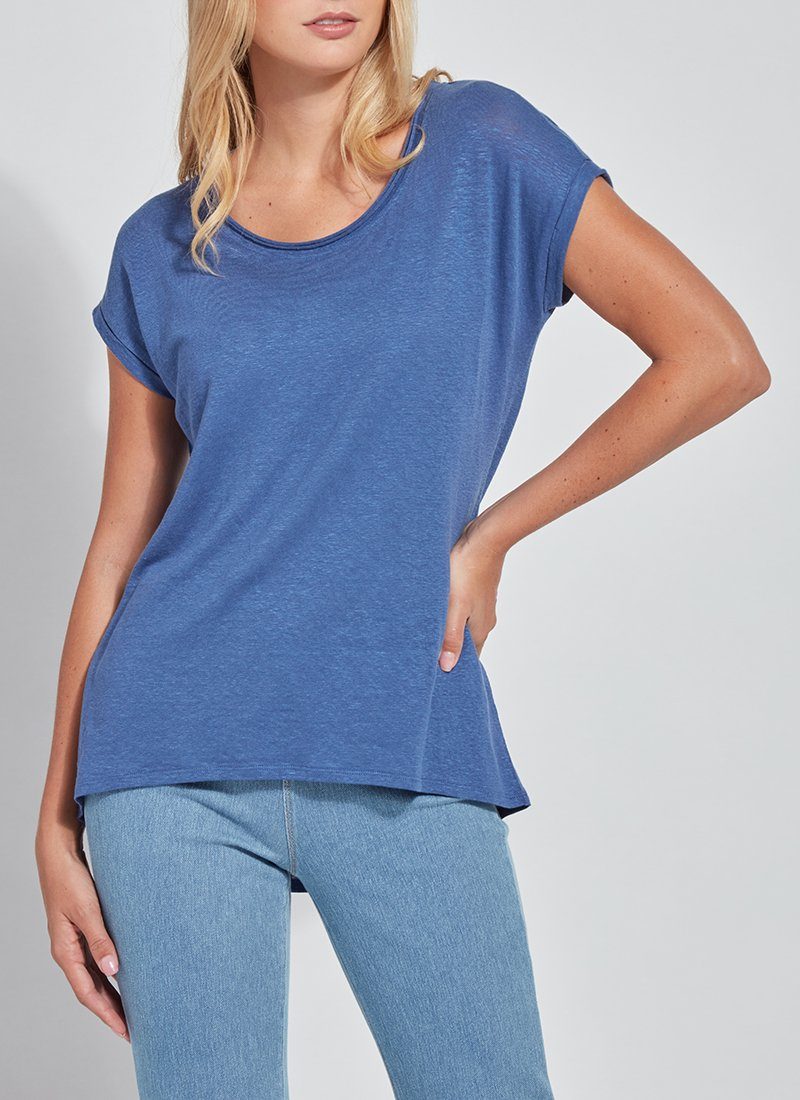color=Denim Blue, front view, women’s all purpose casual t-shirt, made from a soft linen blend, versatile for layering