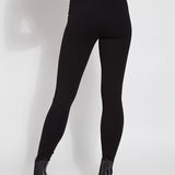 color=Black, Rear view of black ponte laura legging with patented concealed waistband, seen from waist down