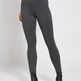 color=Charcoal, Front view of charcoal color ponte laura legging with patented concealed waistband, seen from waist down