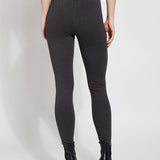 color=Charcoal, Rear view of charcoal ponte laura legging with patented concealed waistband, seen from waist down