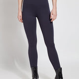 color=Midnight, Front view of midnight blue ponte laura legging with patented concealed waistband, seen from waist down