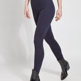 color=Midnight, Angled front view of midnight blue ponte laura legging with patented concealed waistband, seen from waist down